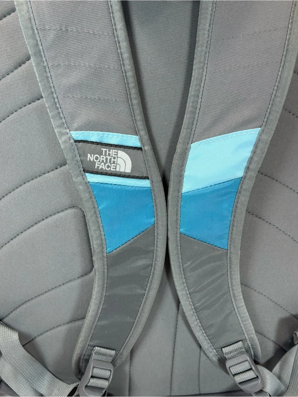 The North Face Blue Gray Jester Backpack Bungee Cord Hiking Outdoor Daypack Read